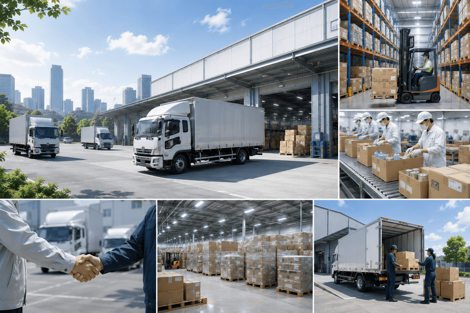 防災備蓄品を運ぶトラック、倉庫での保管・フォークリフト荷役、加工・梱包作業、協力業者との連携を表した、倉庫・物流体制のイメージ。